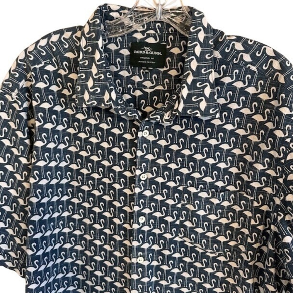 Rodd & Gunn Men's Blue‎ Flamingo Print Cotton Button Up Shirt 2X Short Sleeve